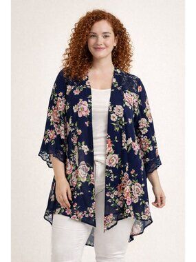 Emma & Olive Kimono XL Navy Floral Lace Bell Sleeves Cardigan Cottagecore Boho